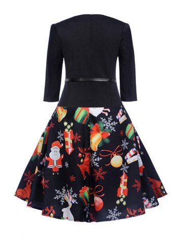 

Hepburn Vintage Series Women Dress Spring And Summer Round Neck Christmas Printing Design 3/4 Sleeve Belt Corset Dress, Yellow