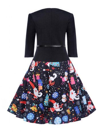 

Hepburn Vintage Series Women Dress Spring And Summer Round Neck Christmas Printing Design 3/4 Sleeve Belt Corset Dress, Black