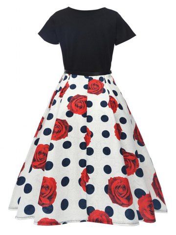 

Hepburn Vintage Series Women Dress Spring And Summer Round Neck Floral Printing Stitching Design Short Sleeve Corset Dress, Red