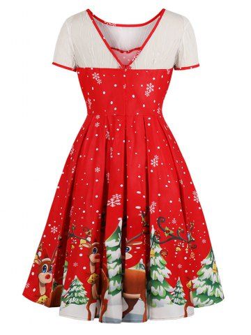 

Hepburn Vintage Series Women Dress Spring And Summer Round Neck Christmas Printing Lace-stitching Design Short Sleeve Corset Dress, Red