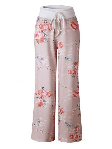 

Womens Casual Wide Leg Pajama Pants Floral Print Comfy Drawstring High Waist Yoga Pants, Pink