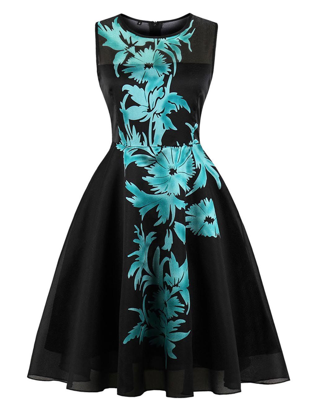 

Hepburn Vintage Series Women Dress Spring And Summer Round Neck Leaf Printing Design Sleeveless Corset Dress, Blue