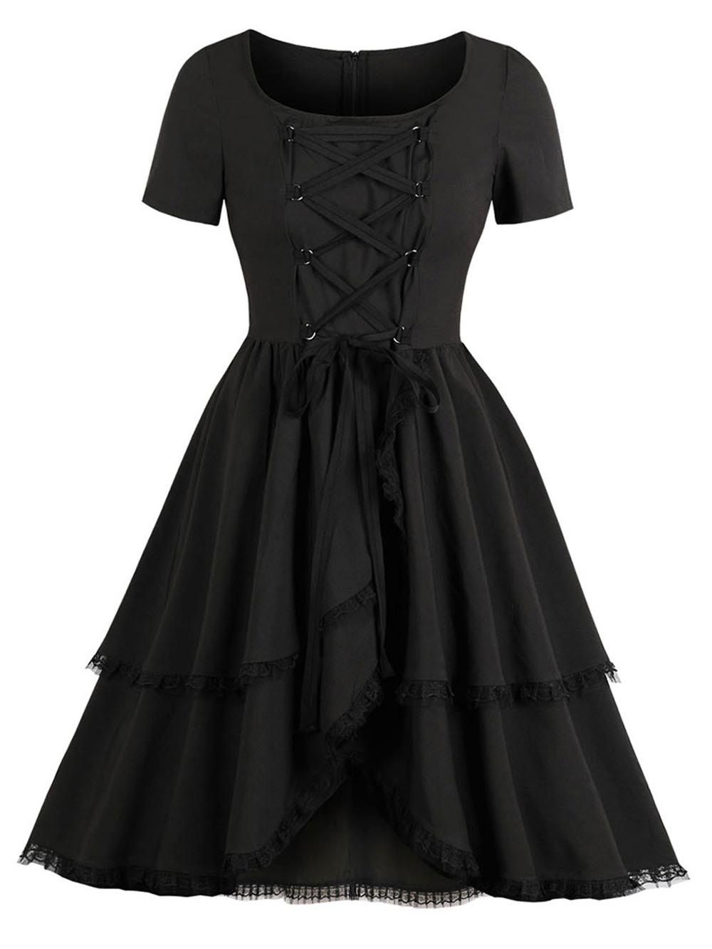 

Hepburn Vintage Series Women Dress Spring And Summer Round Neck Pure Color Crossover Strap Lace Decorated Design Short Sleeve Corset Dress, Black