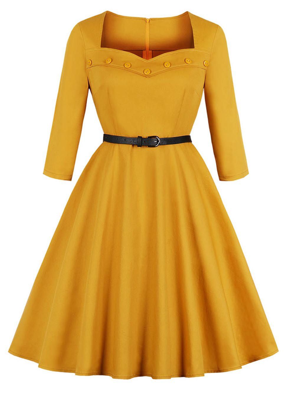 

Hepburn Vintage Series Women Dress Spring And Summer Sweetheart Button Design Long Sleeve Corset Dress, Yellow