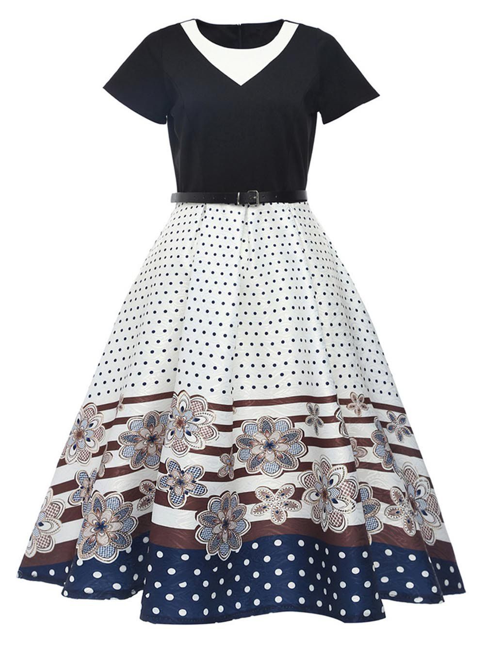 

Hepburn Vintage Series Women Dress Spring And Summer Round Neck Floral Printing Stitching Design Short Sleeve Corset Dress, White