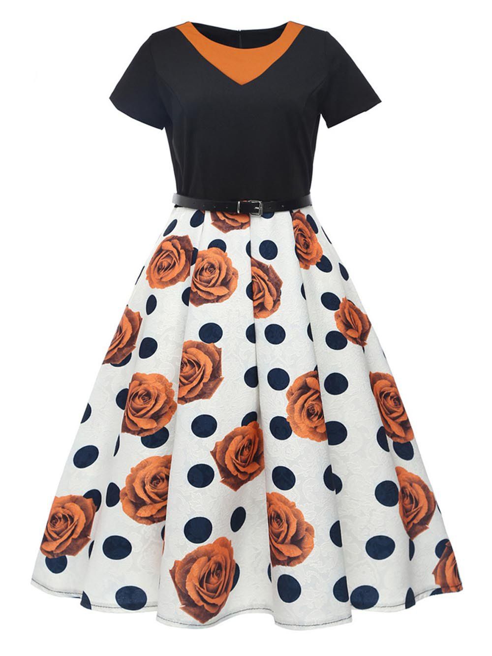 

Hepburn Vintage Series Women Dress Spring And Summer Round Neck Floral Printing Stitching Design Short Sleeve Corset Dress, Yellow