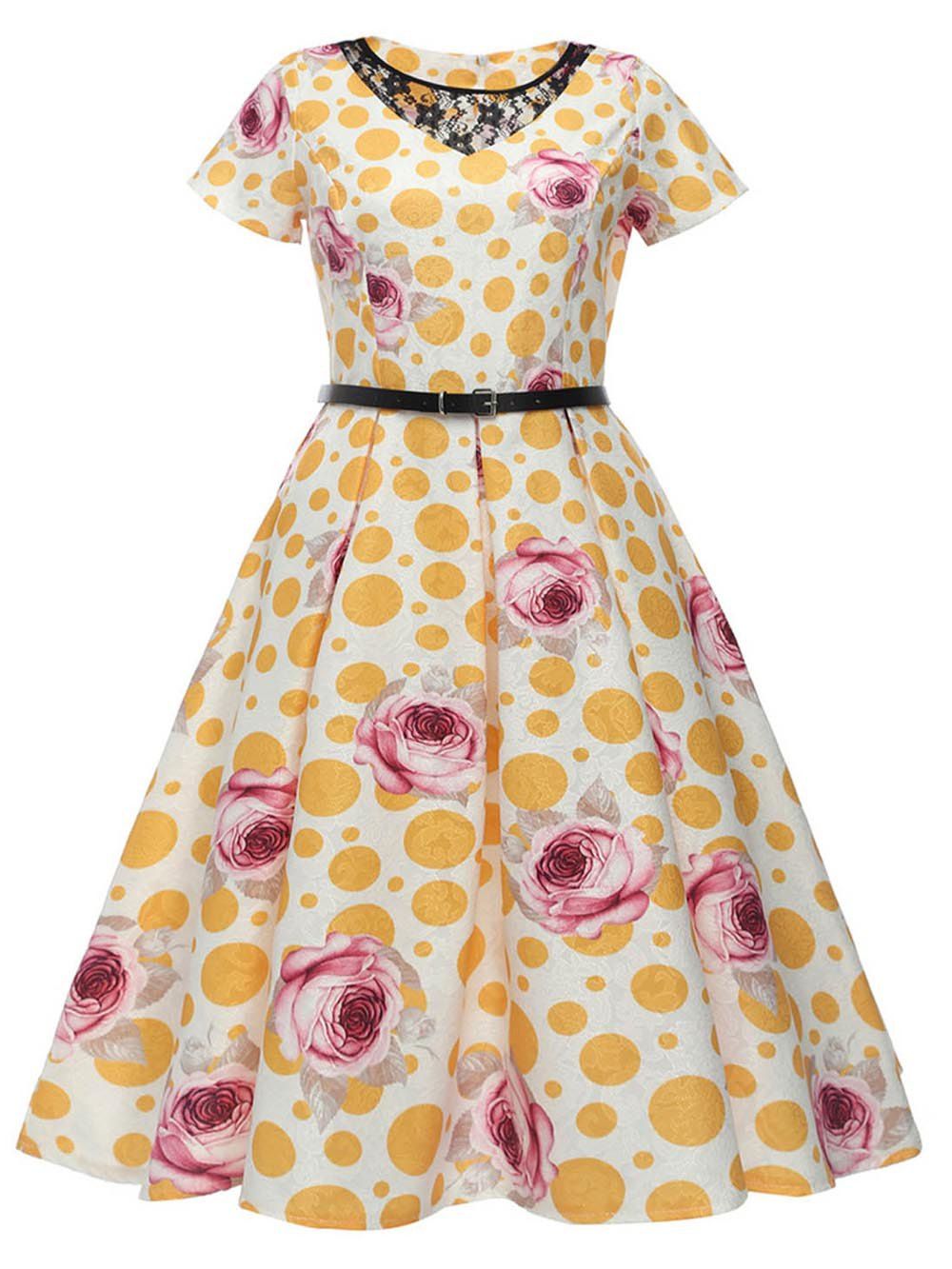 

Hepburn Vintage Series Women Dress Spring And Summer Round Neck Floral Printing Lace-stitching Design Short Sleeve Belt Corset Dress, Yellow