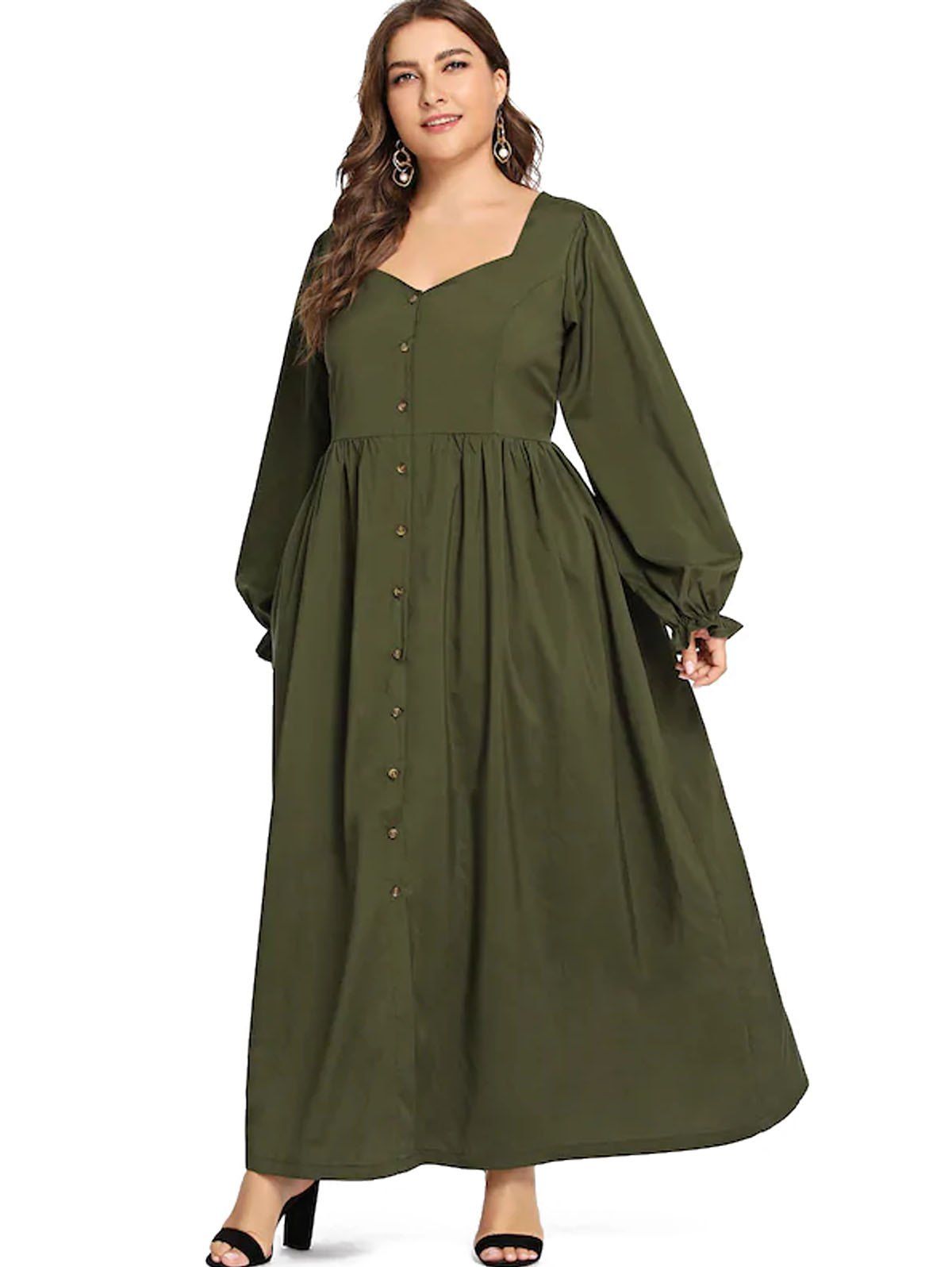 

Plus Size Button Long Vintage Dress, Army green