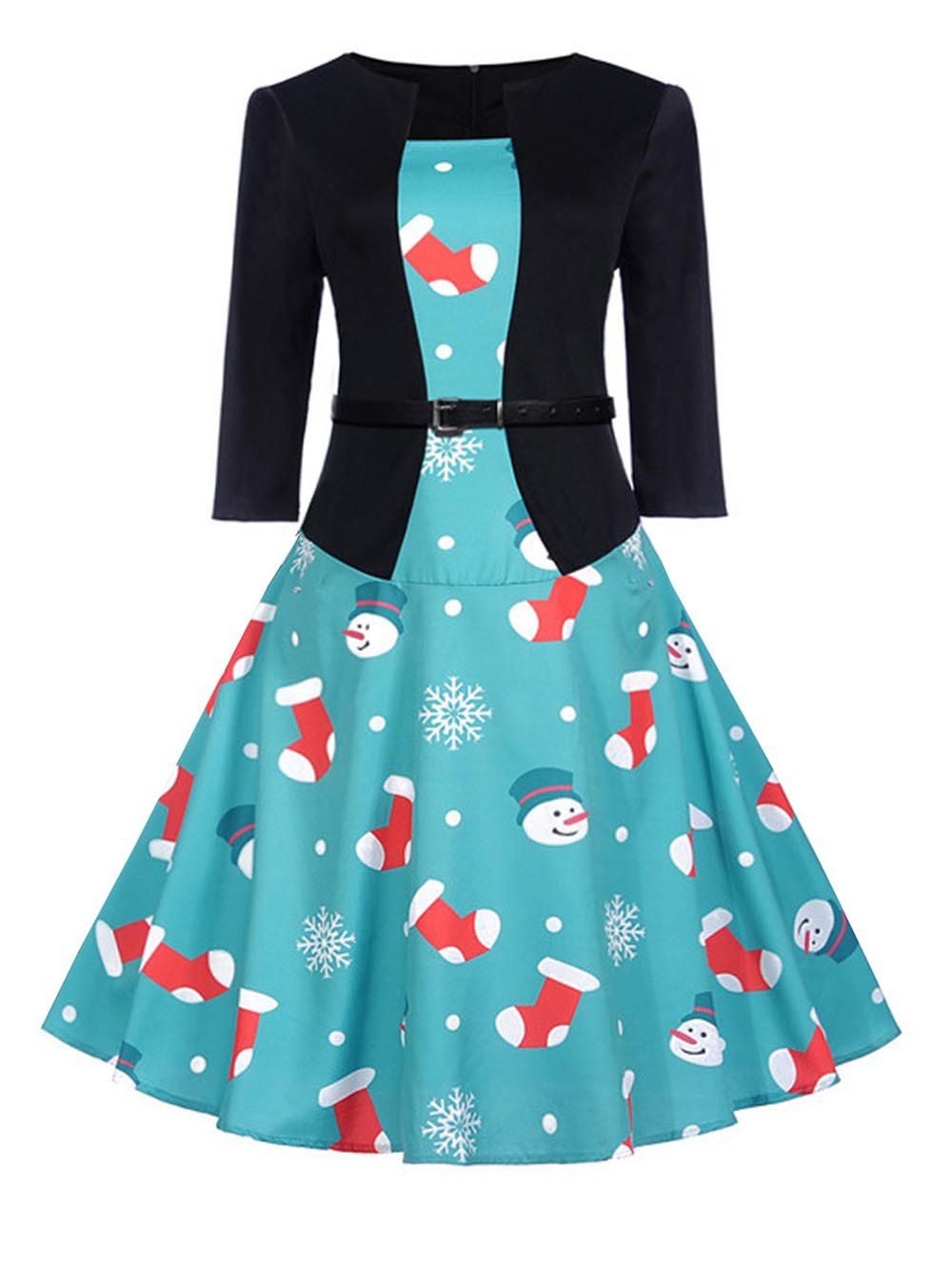 

Hepburn Vintage Series Women Dress Spring And Summer Round Neck Christmas Printing Design 3/4 Sleeve Belt Corset Dress, Blue
