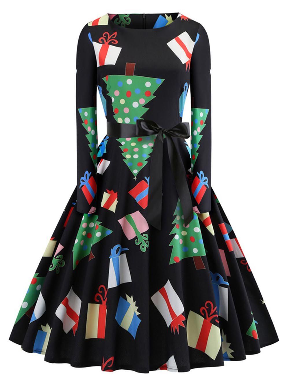 

Hepburn Vintage Series Women Dress Spring And Summer Round Neck Christmas Printing Design Long Sleeve Belt Corset Dress, Green