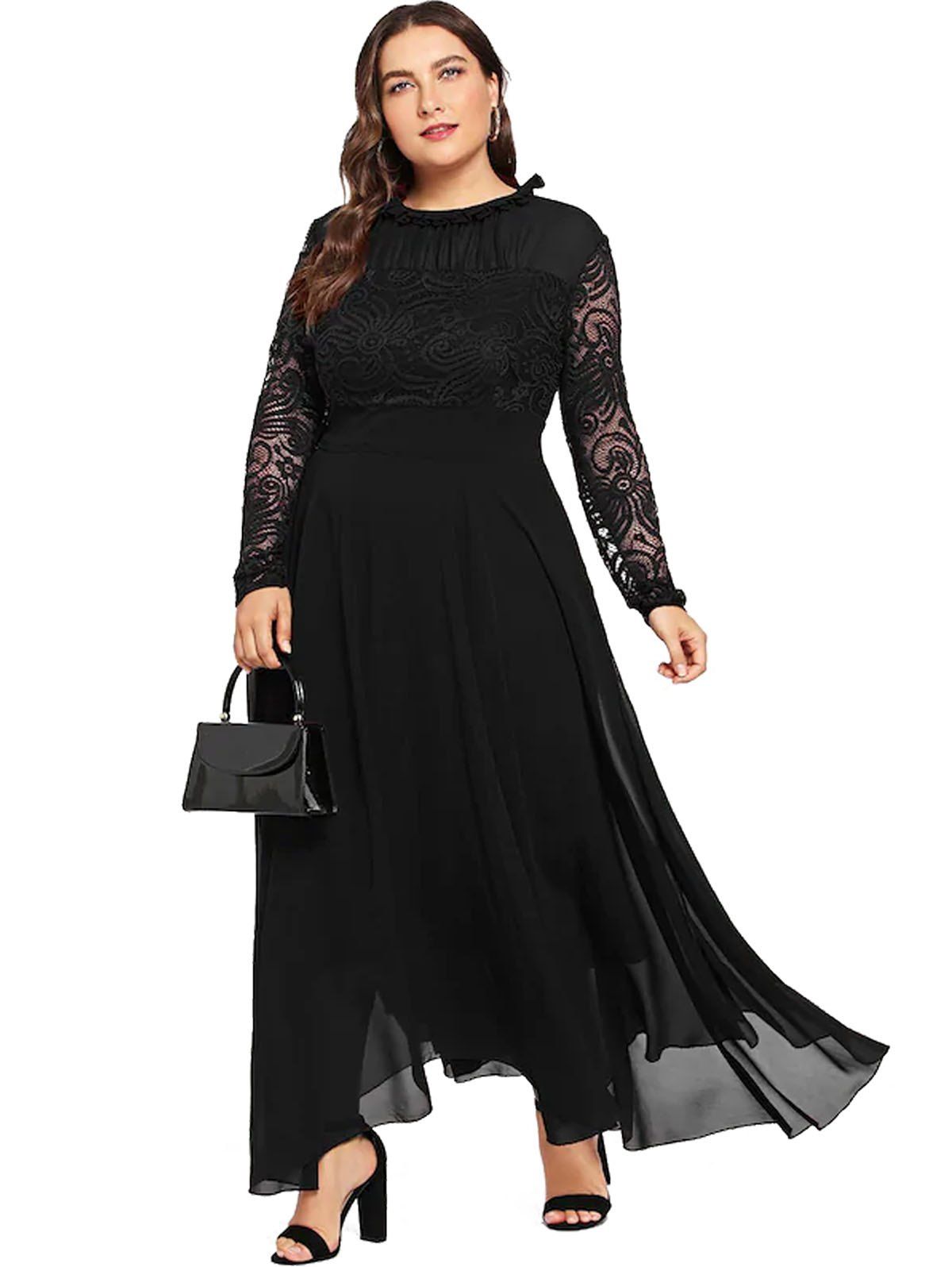 

Plus Size Lace Stitching Chiffon Dress, Black