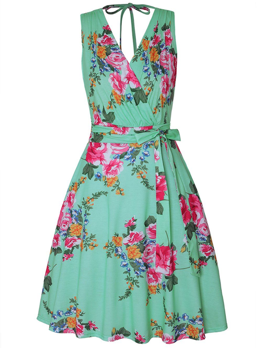 

V-neck Floral Sleeveless Dress, Green