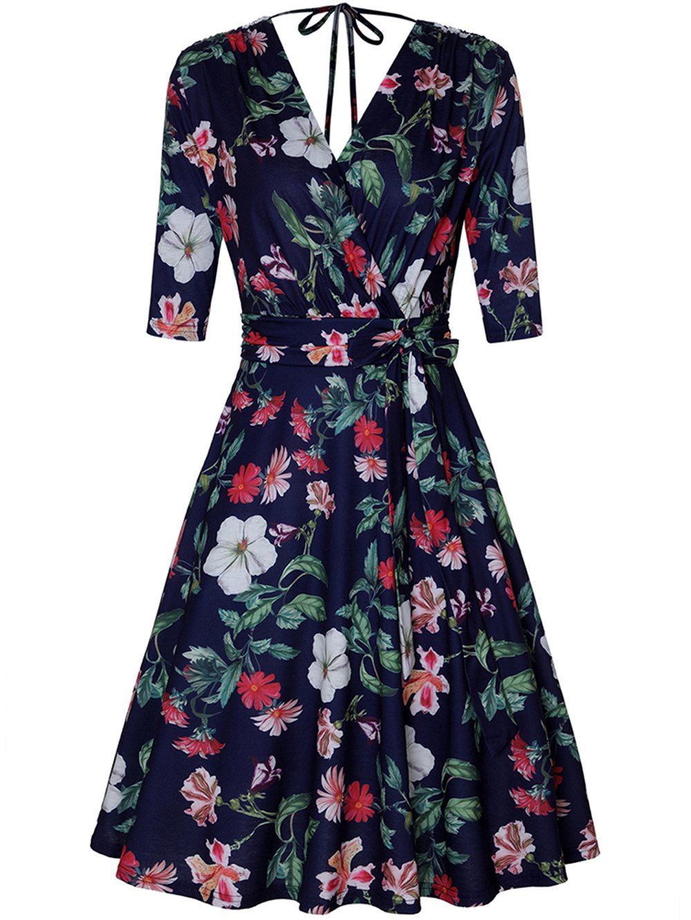 

Half Sleeve V-neck Floral Dress, Deep blue