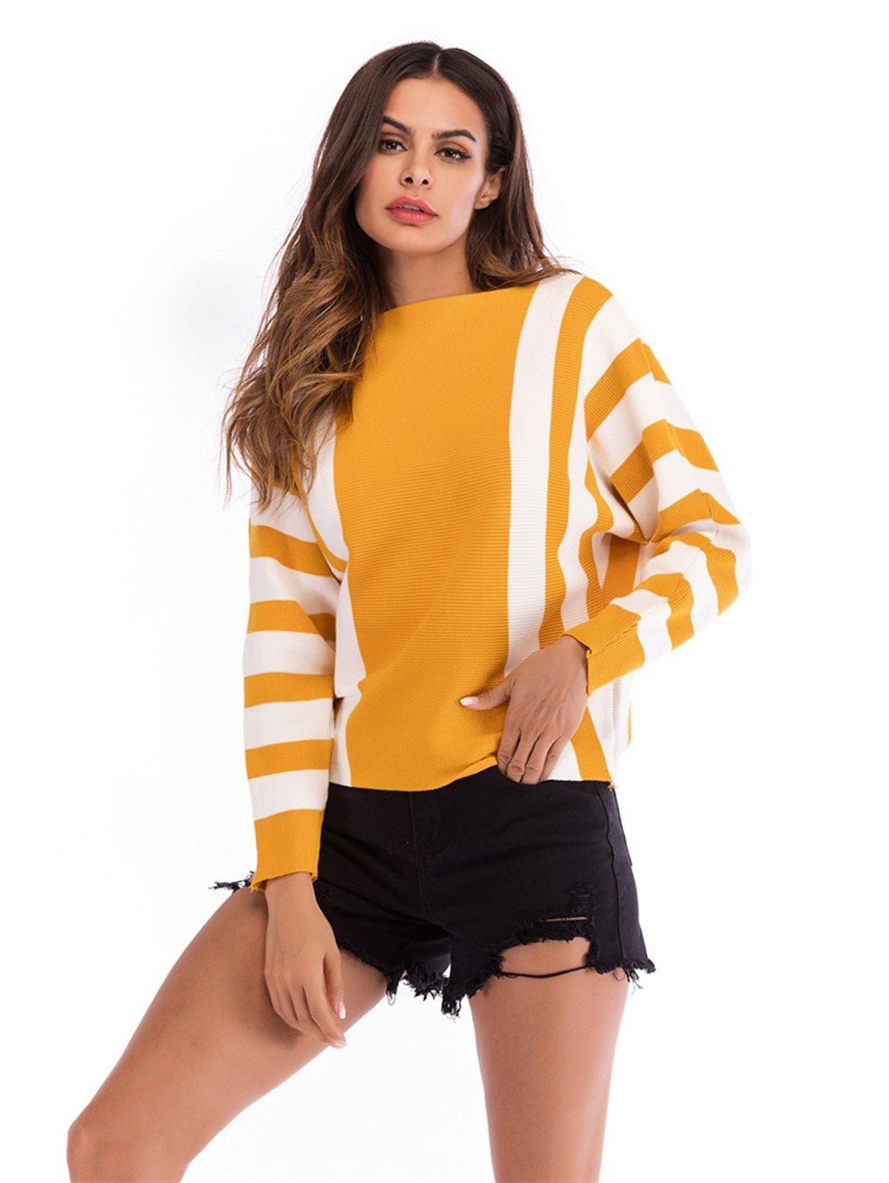 

Womens Off Shoulder Batwing Sleeve Stripe Loose Oversized Pullover Sweater Knit Jumpe, Yellow