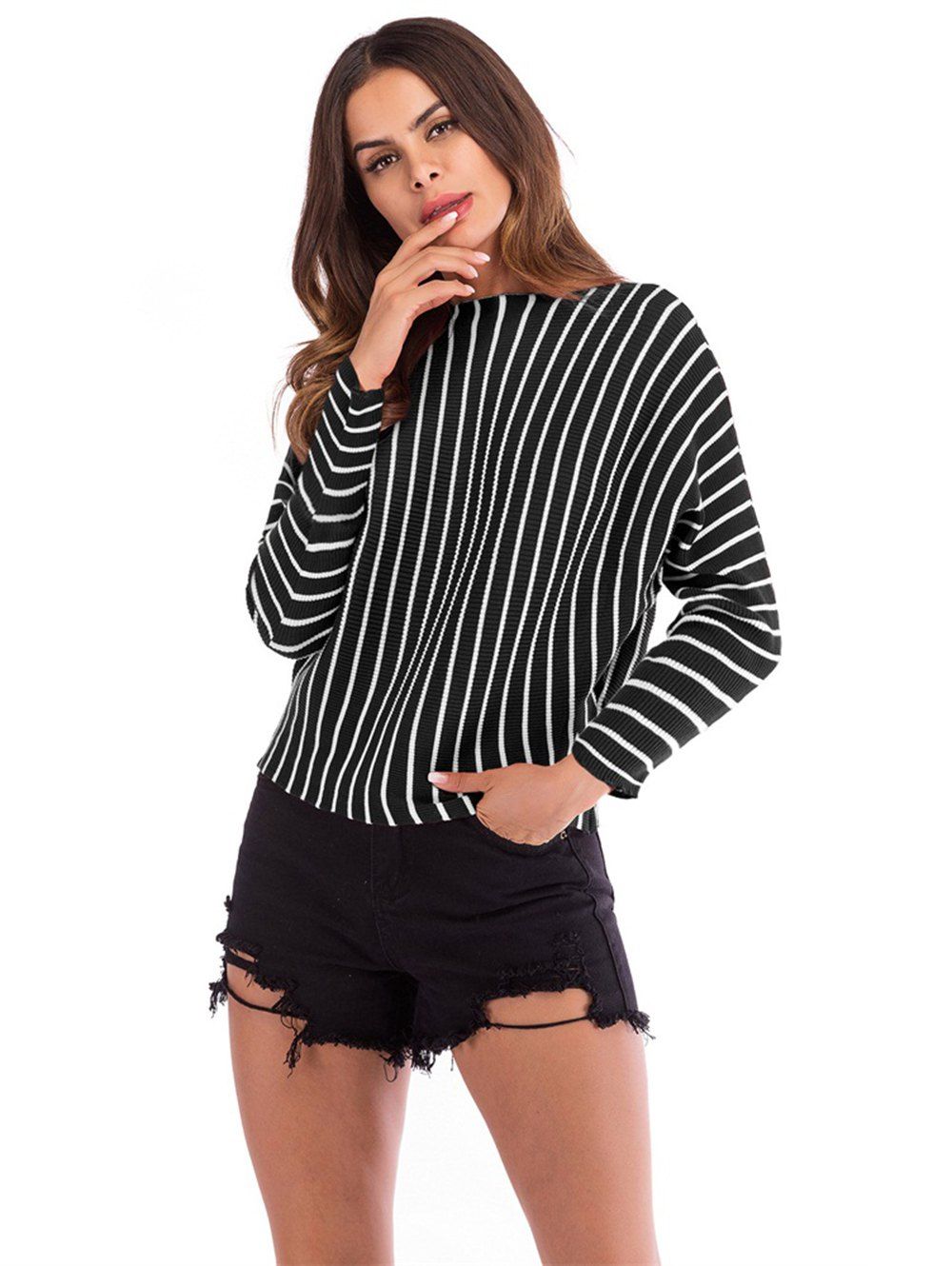 

Womens Casual Boat-Neck Striped Pullover Sweater, Black