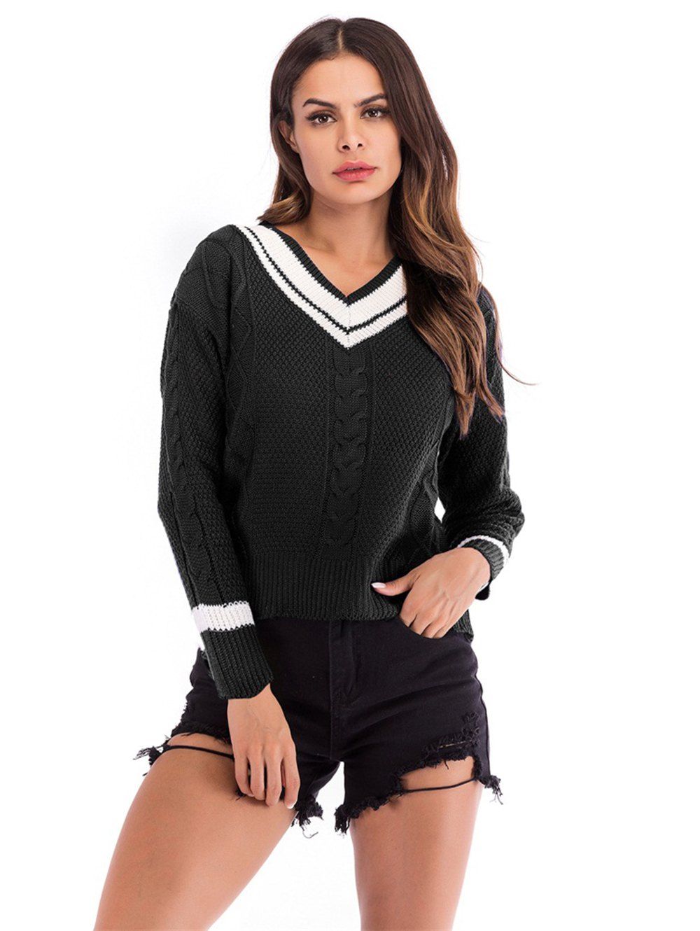 

Womens New Style Striped V-Neck Long-Sleeve Knit Pullover Sweater, Black