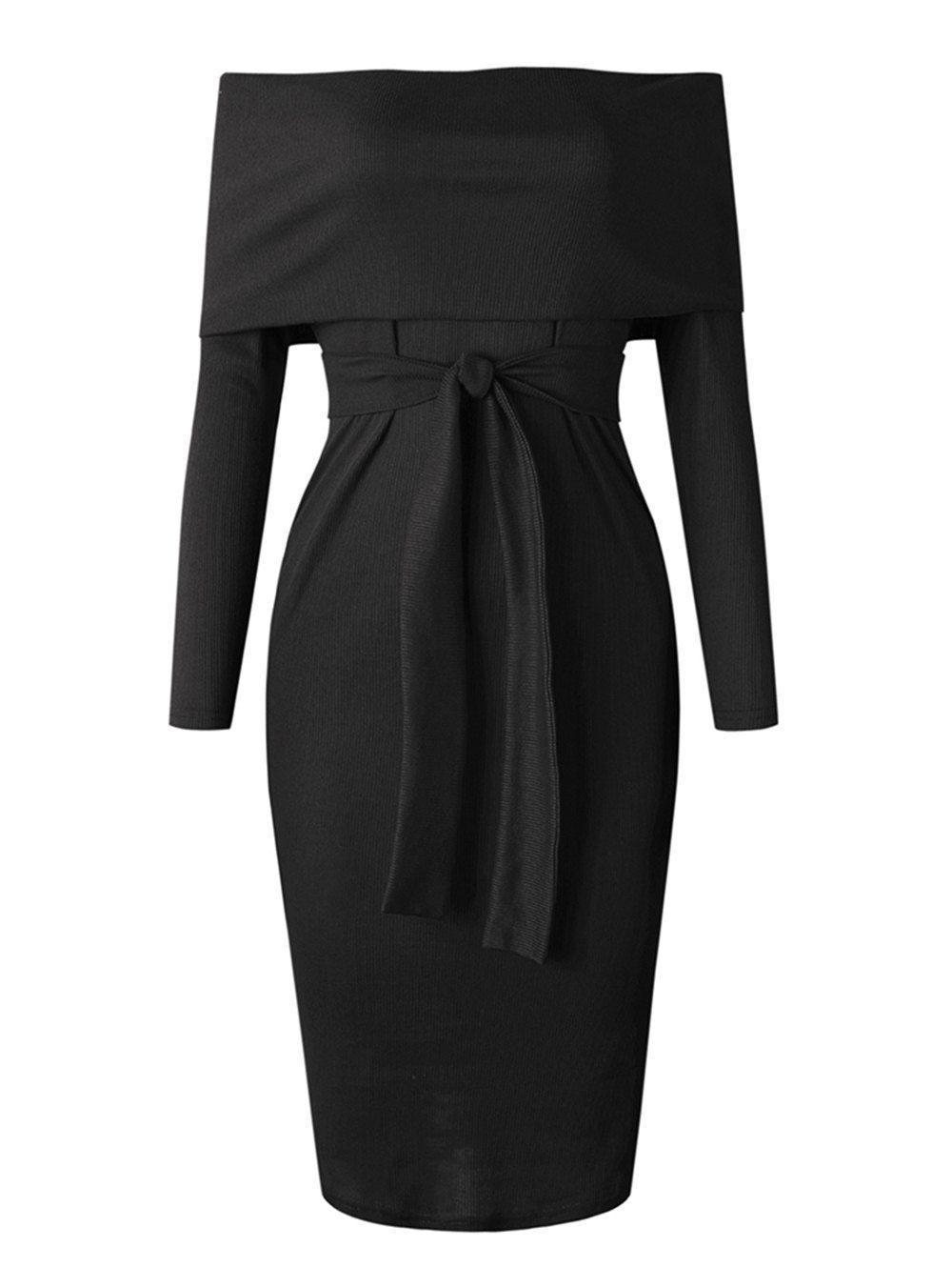 

Womens Autumn And Winter Sexy Long Sleeve Off Shoulder Knitted Sweater Dress, Black