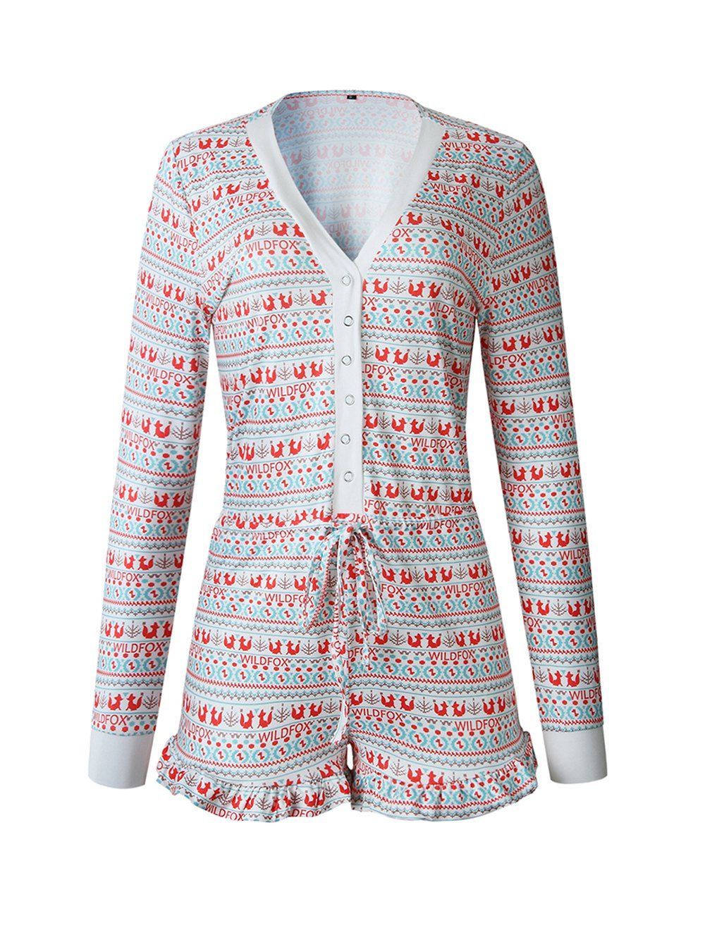 

Women Comfortable V-neck Long Sleeves Printed Ruffled Jumpsuit Pajamas - White