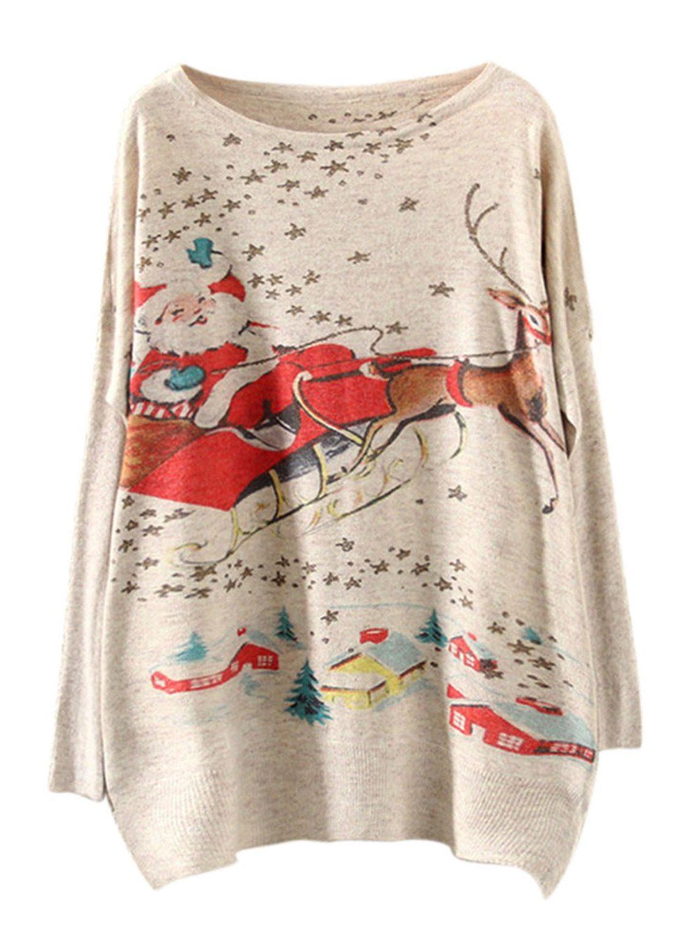 

Santa Clause Reindeer Loose Printed Sweater, Beige