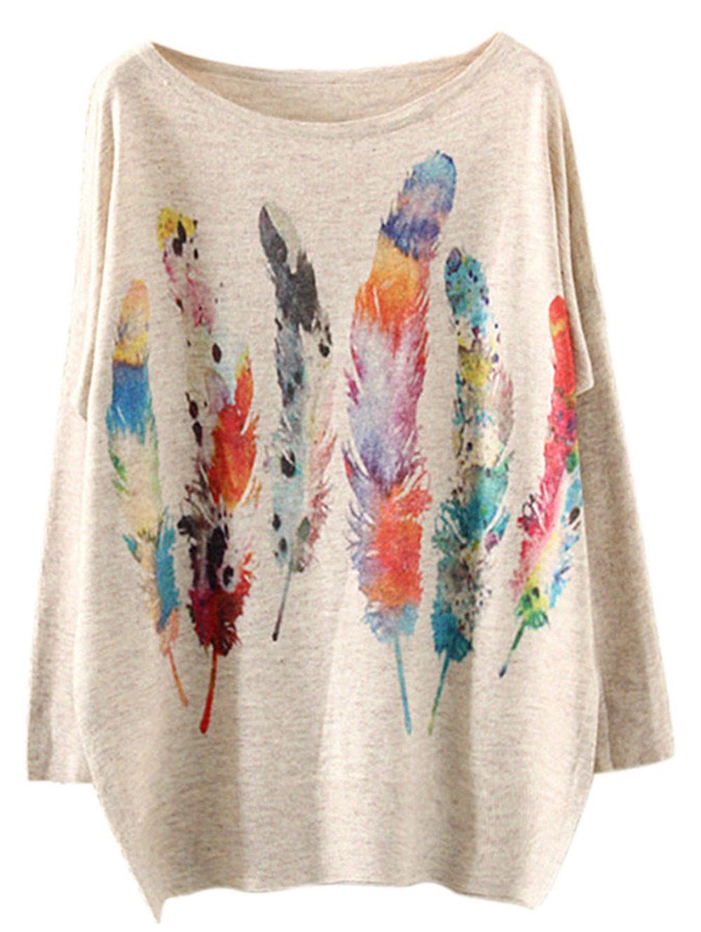 

Colorful Feather Loose Printed Sweater, Beige