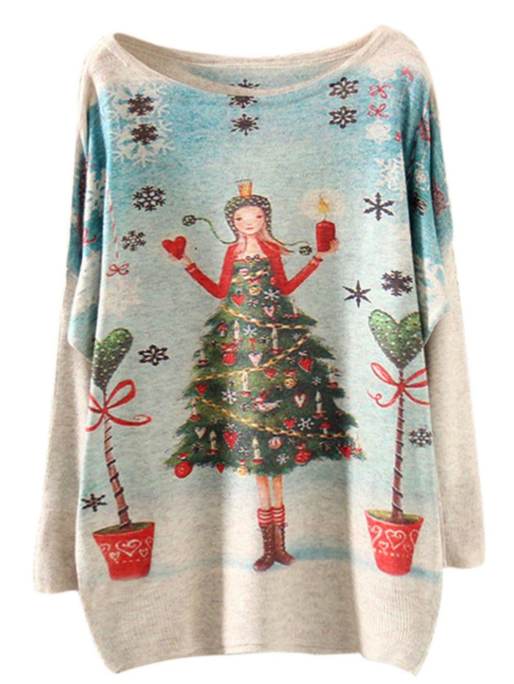 

Christmas Tree Loose Printed Sweater, Beige