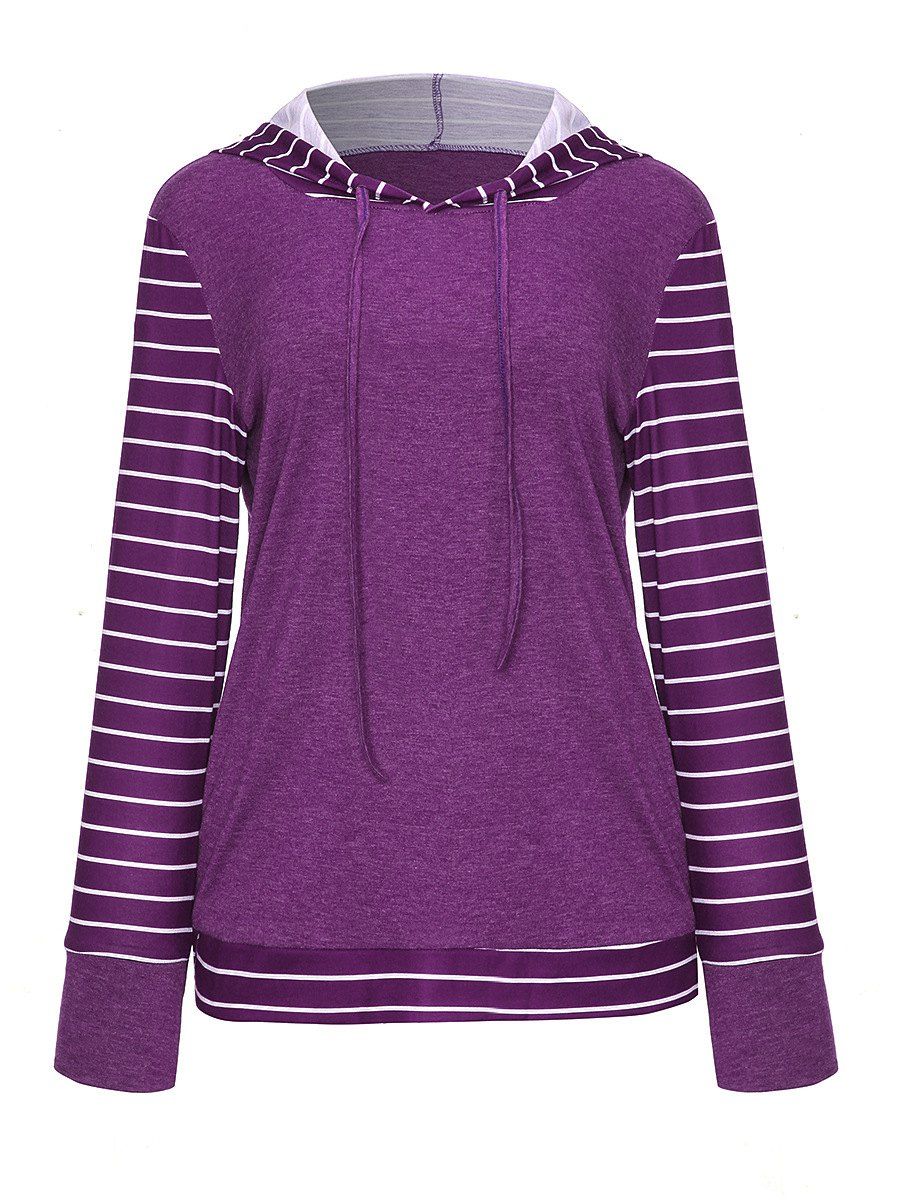 

Striped Long Sleeve Patchwork Hoodie, Purple