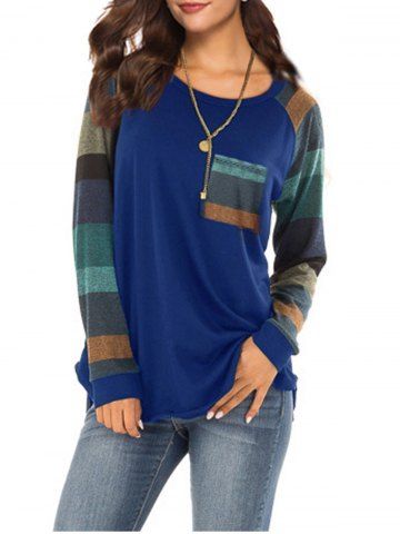 

Colorful Stripe Round Neck Long Sleeve Casual T-shirt, Deep blue