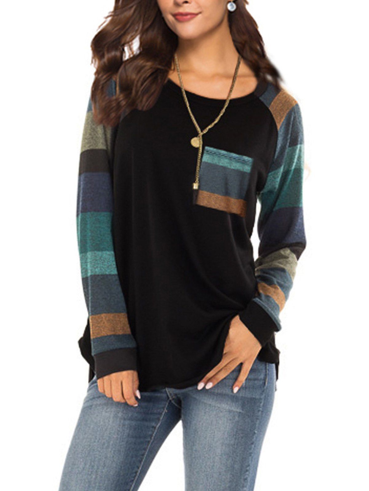 

Colorful Stripe Round Neck Long Sleeve Casual T-shirt, Black
