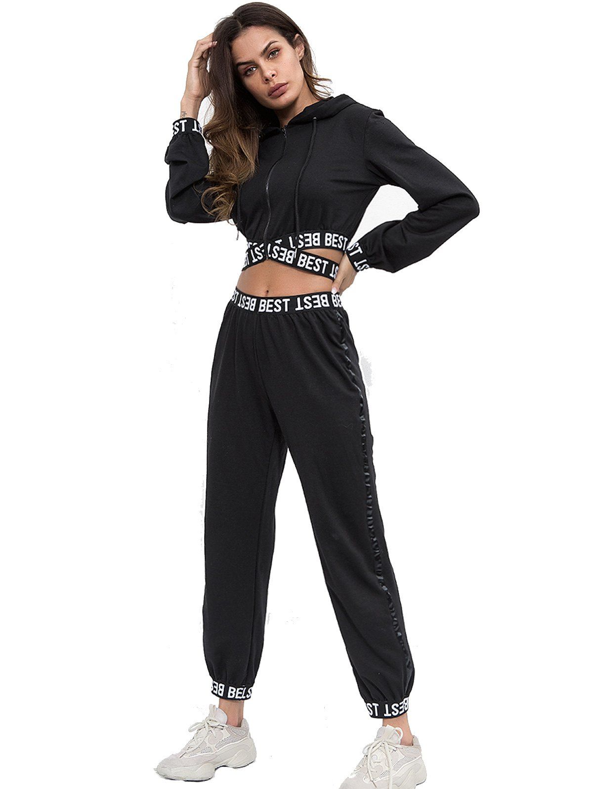 

Letter Webbing Splicing Hooded Casual Navel Sports suit, Black