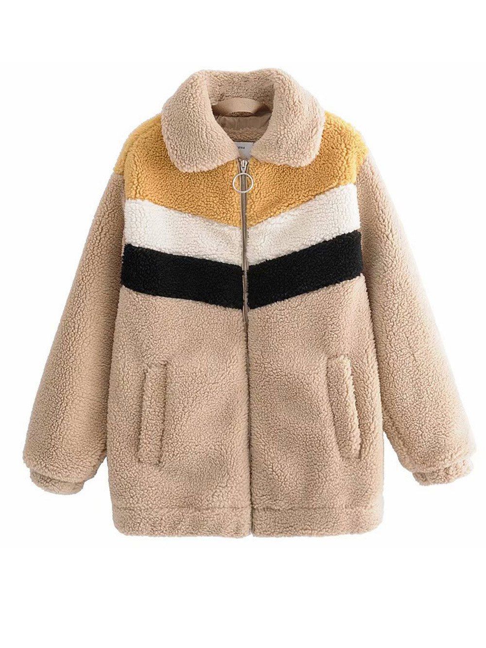 

Women Elegant Faux Fur Lapel Coat Women Fluffy Warm Long Sleeve Female Stitching Ziper Outerwear Chic Winter Coat Jacket Lamb Overcoat, Apricot