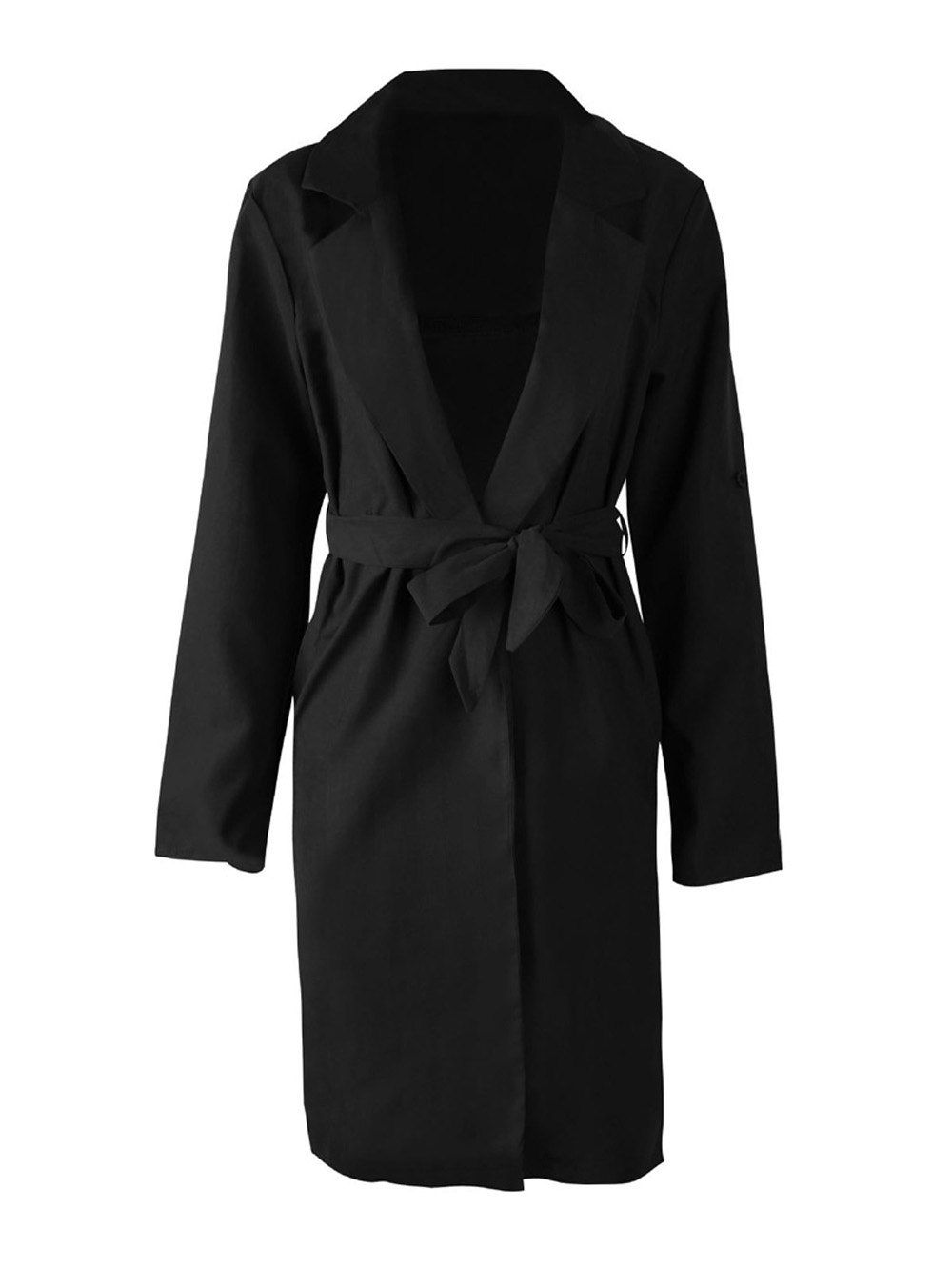 

Women Ladies Cardigan Casual Fahion Lapel Pure Color Style Long Sleeve Chammy Long Belt Overcoat, Black