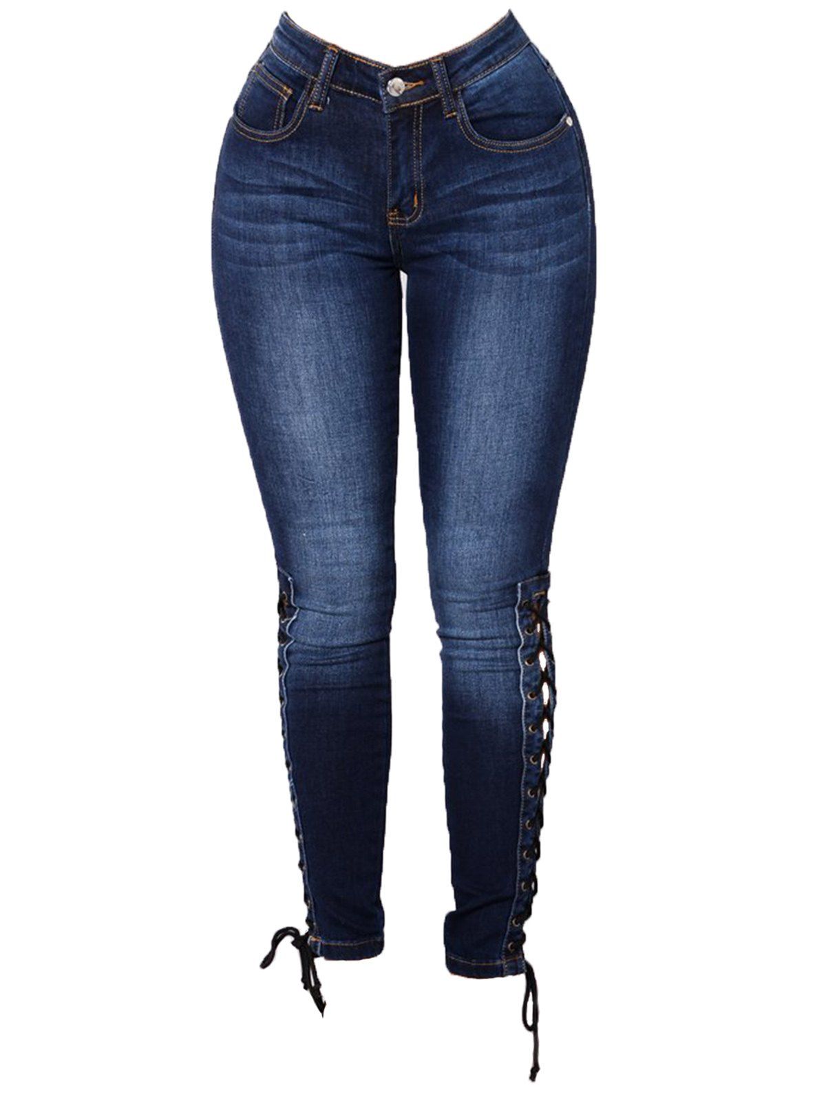 Womens Fashion High Waist Jeans Bandages Elastic Slim Body Jeans Bleu profond XL
