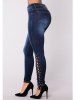 Womens Fashion High Waist Jeans Bandages Elastic Slim Body Jeans - Bleu profond XL