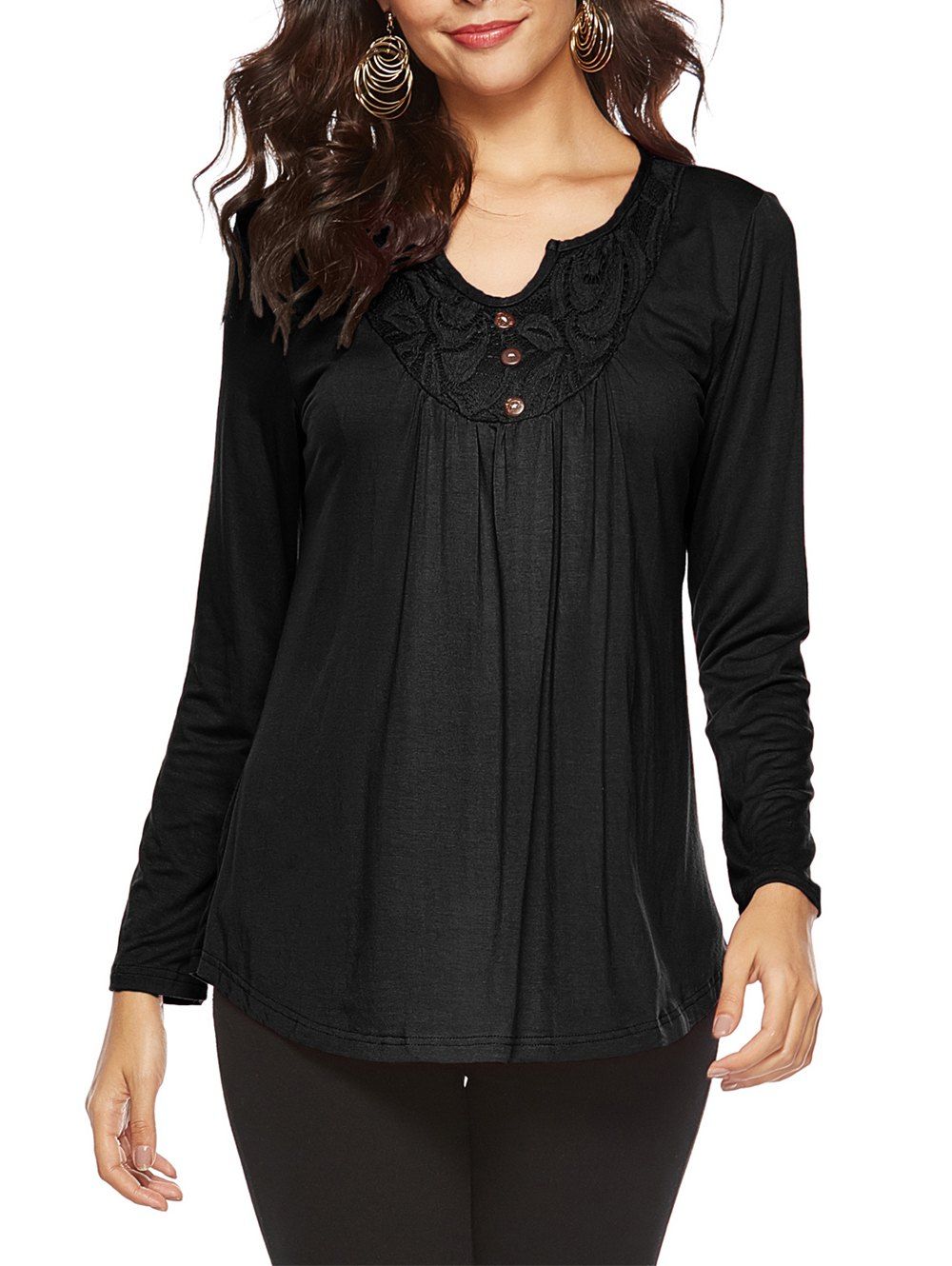 

V Neck Long Sleeve Plain T-shirt, Black