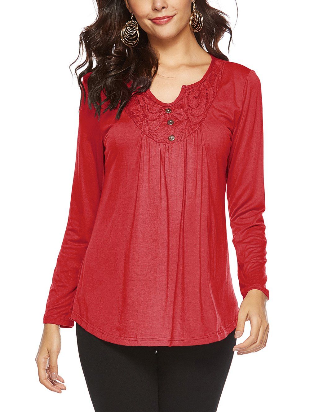 

V Neck Long Sleeve Plain T-shirt, Red