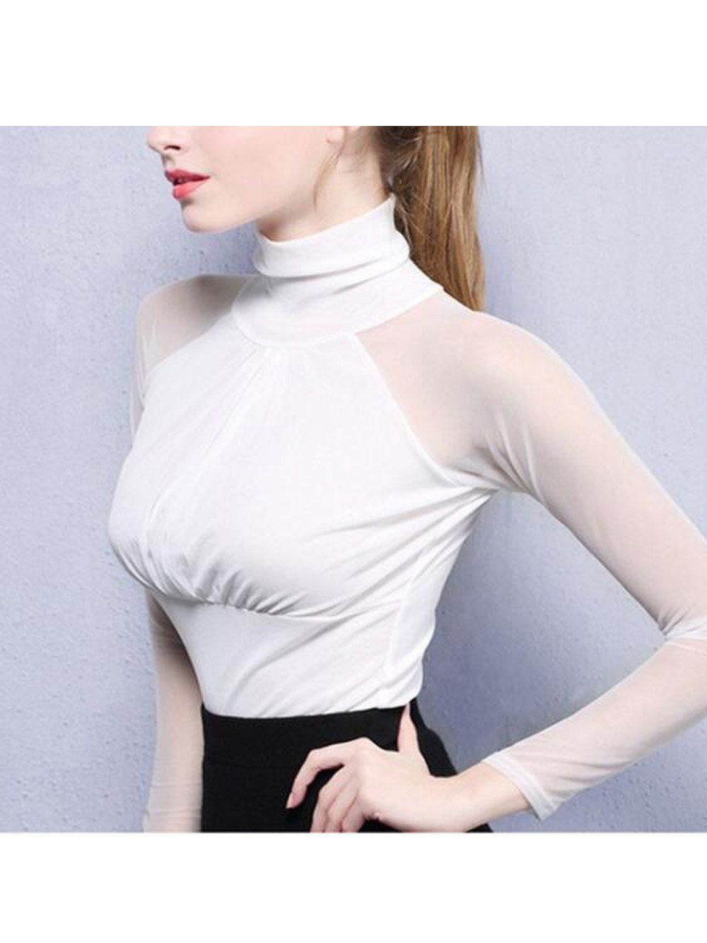 

Women Elegant Fashion High Collar Top Women Sexy Long Perspective Sleeve Female T-shirt, White