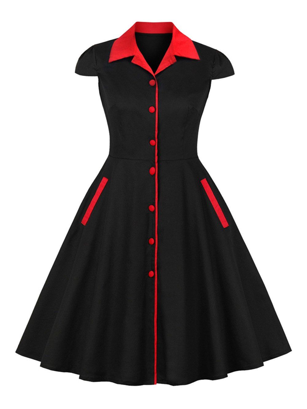 

Hepburn Vintage Series Women Dress Spring And Summer Lapel Button Fly Design Short Sleeve Pocket Corset Retro Dress, Black