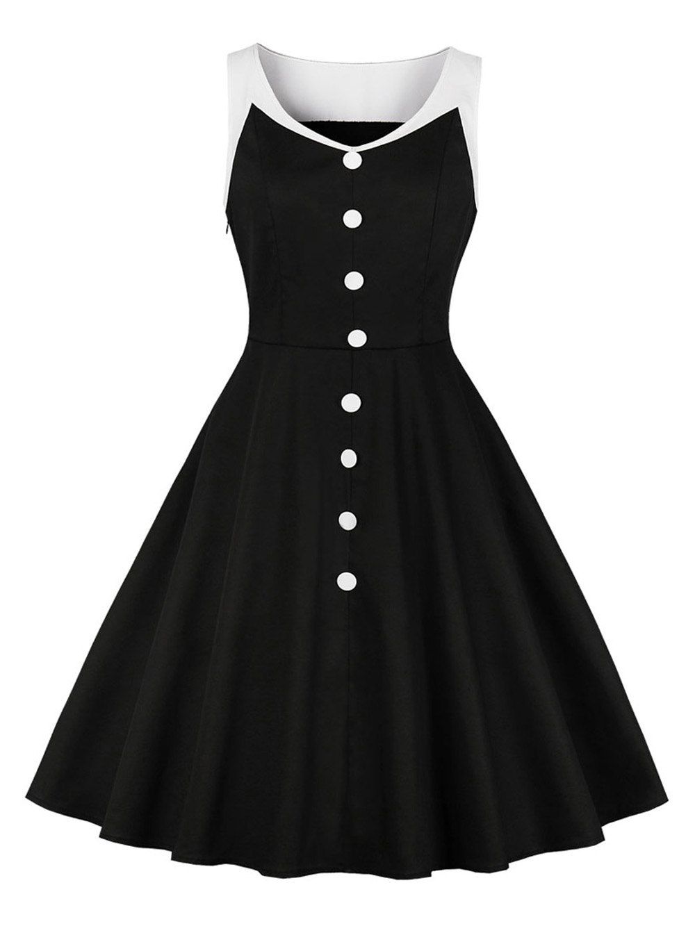 

Hepburn Vintage Series Women Dress Spring And Summer Round Neck Button Fly Stitching Design Sleeveless Corset Retro Dress, Black