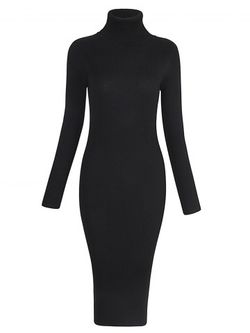 Elastic Turtleneck Long Sleeve Bodycon Slim Midi Knitted Dress - BLACK - ONE SIZE
