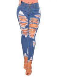 Womens Casual Destroyed Ripped Distressed Skinny Denim Jeans - Bleu L