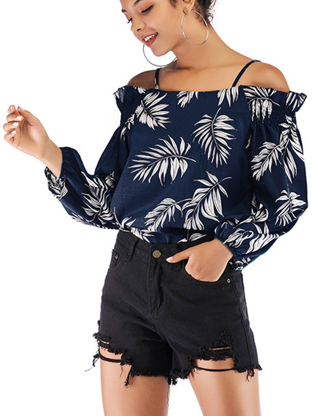 

Womens Fashion 2019 Elegant Ruffles Spaghetti Strap Blouse Chiffon Tunic Tops Shirts, Deep blue