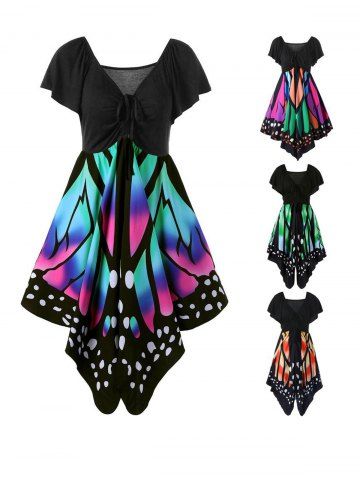 

Women's V Neck Short Sleeve Empire Waist Lace Up Butterfly Print Dress Plus Size, Papaya orange
