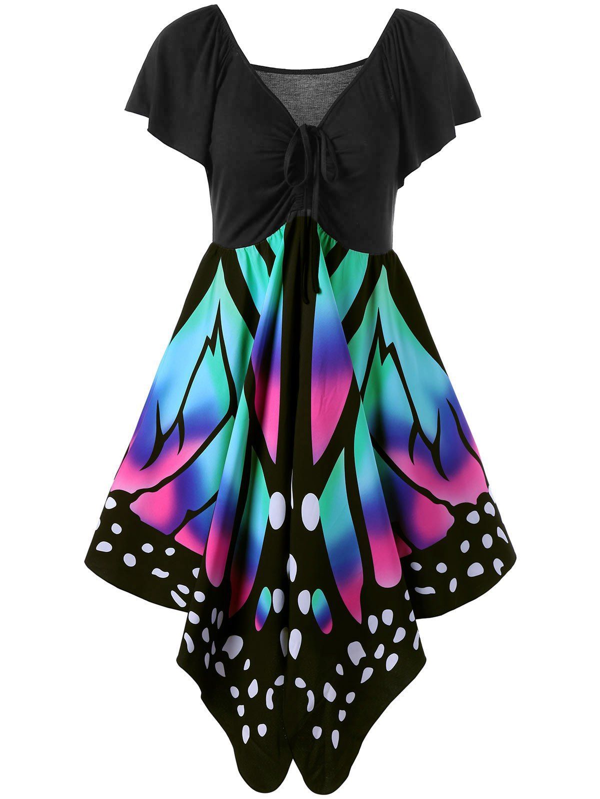 Store Women's V Neck Short Sleeve  Empire Waist Lace Up Butterfly Print Dress Plus Size  