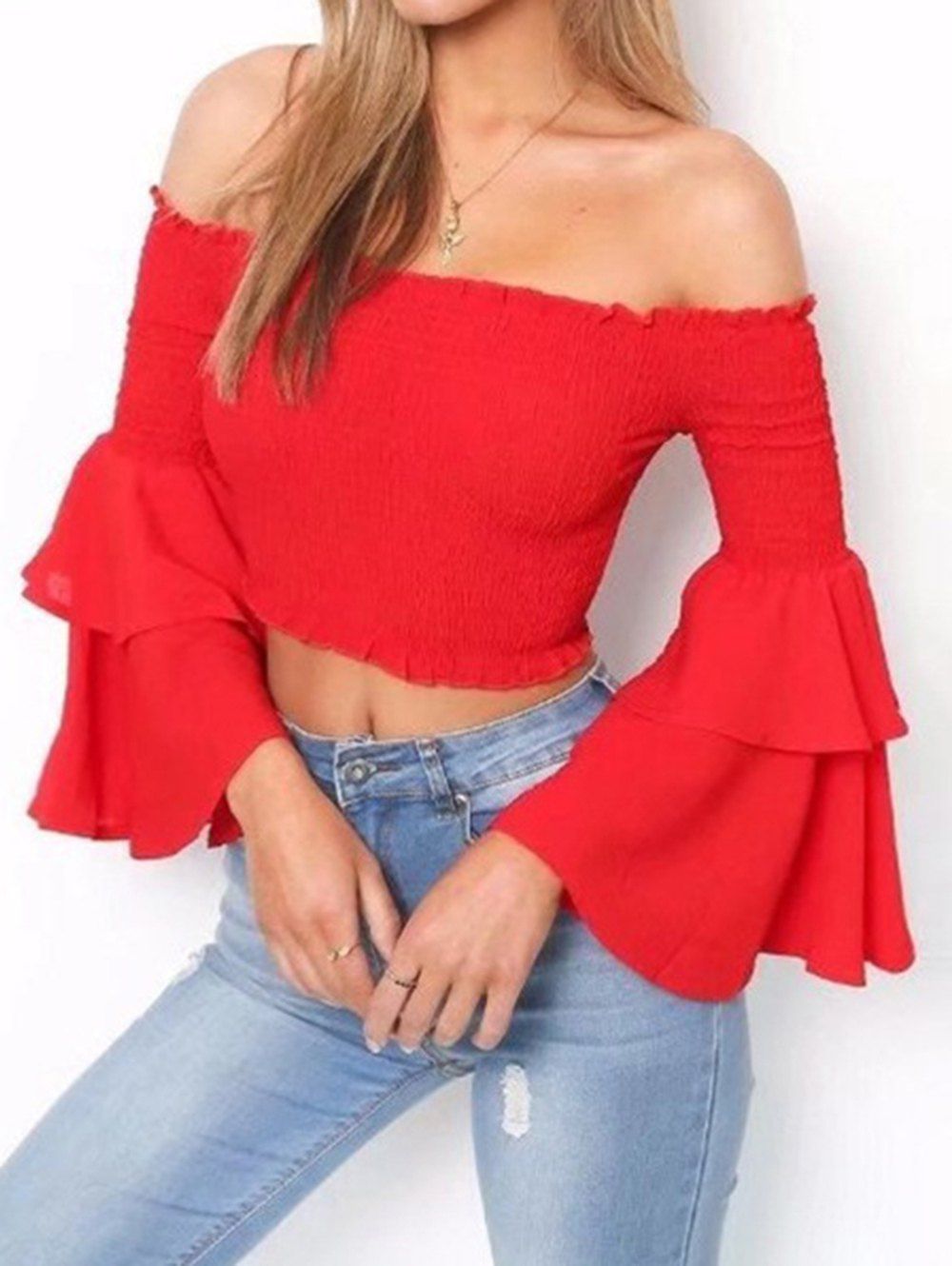 

Women Sexy Cold Shoulder Flare Sleeve Backless Slash Neck Beach Party Crop Top, Red