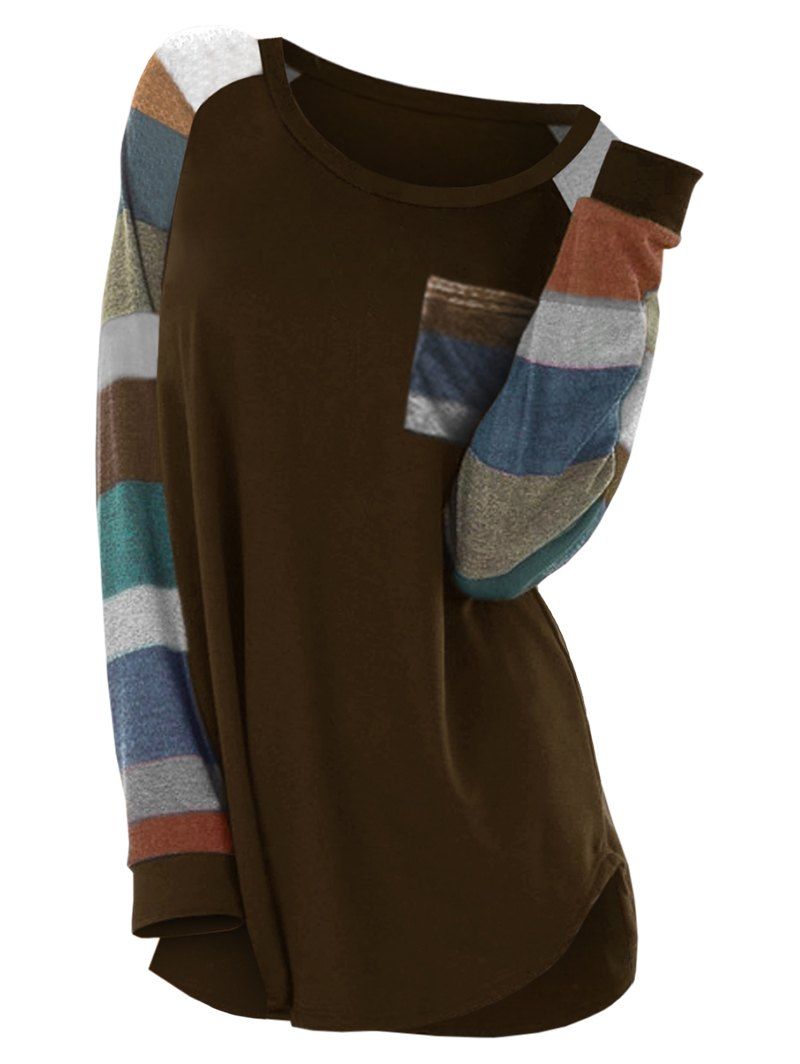 

Colorful Stripe Round Neck Long Sleeve Casual T-shirt, Dark khaki