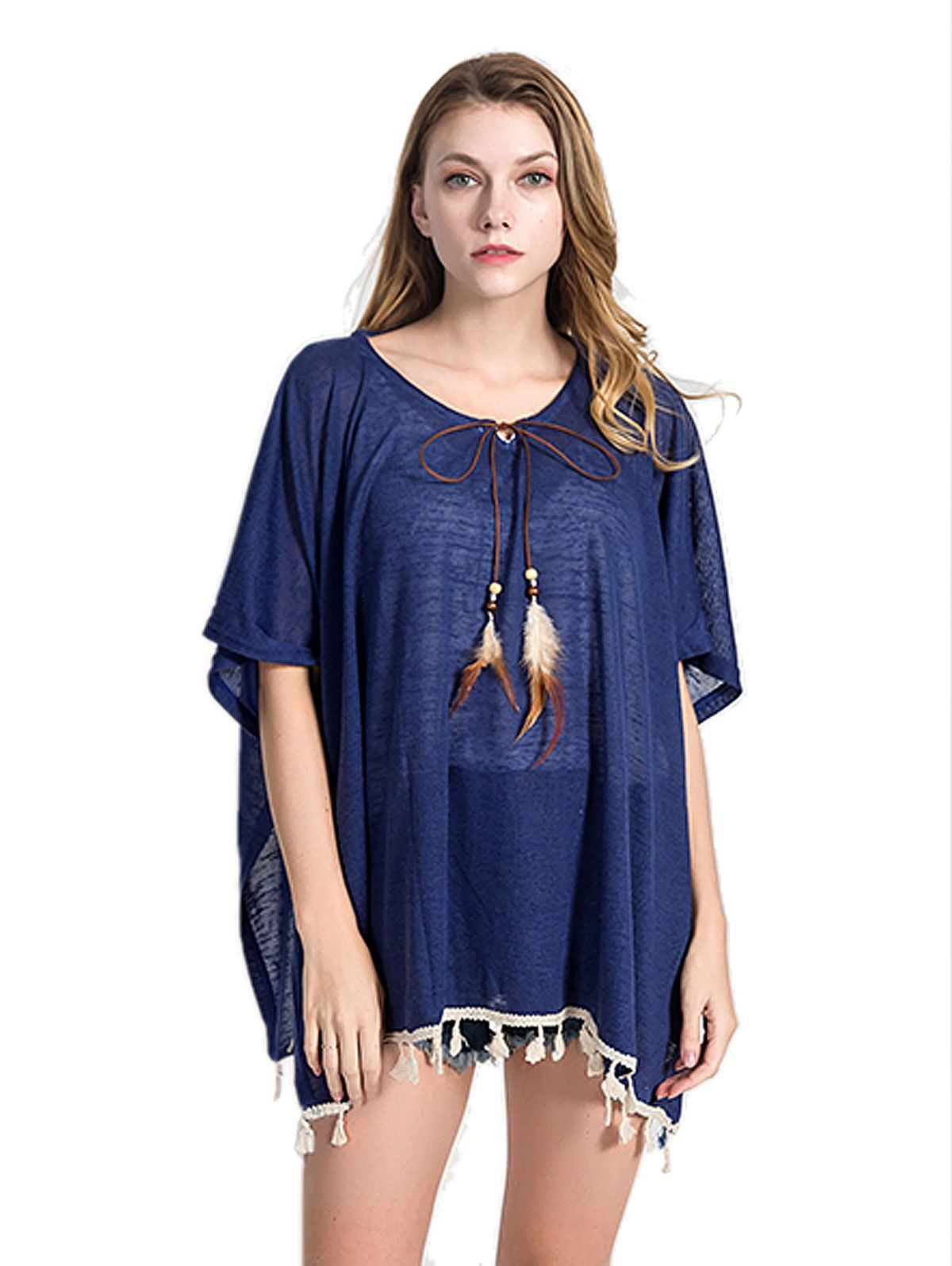 

Solid Color Feather Hanging Beach Sunscreen Blouse, Cadetblue