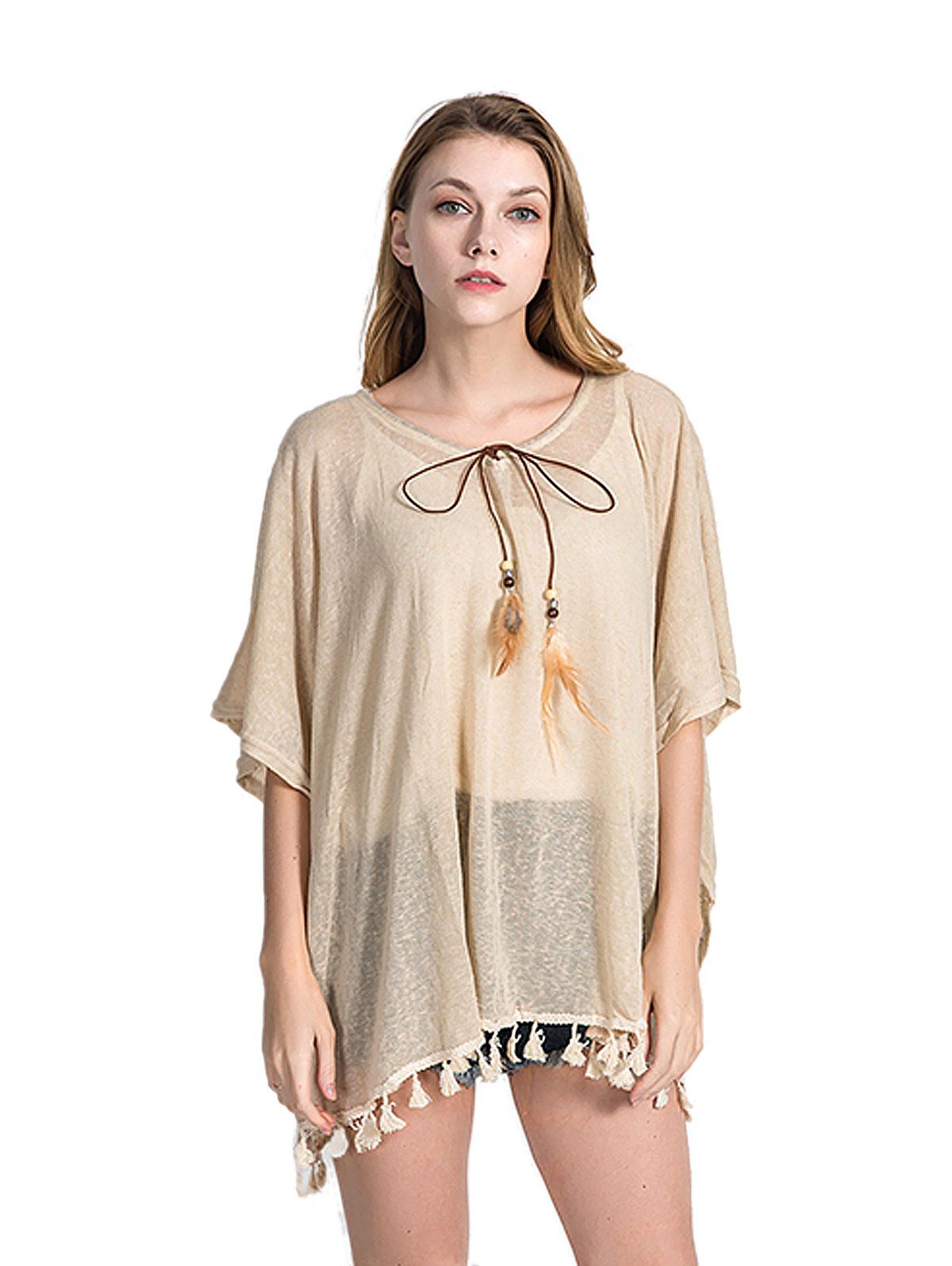 

Solid Color Feather Hanging Beach Sunscreen Blouse, Apricot