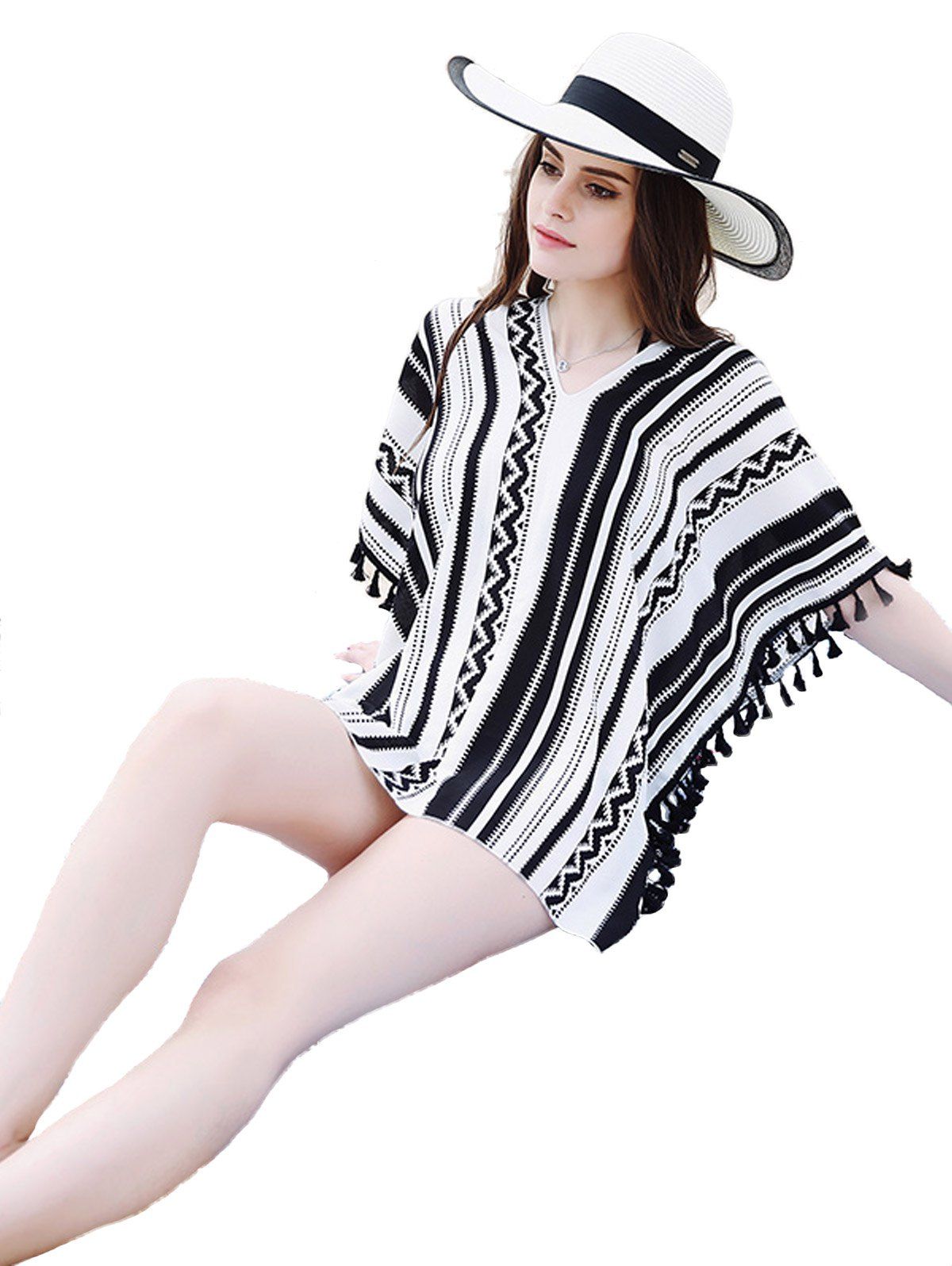 

Beach Crocheted Striped Geometric Sunscreen Blouse, Black