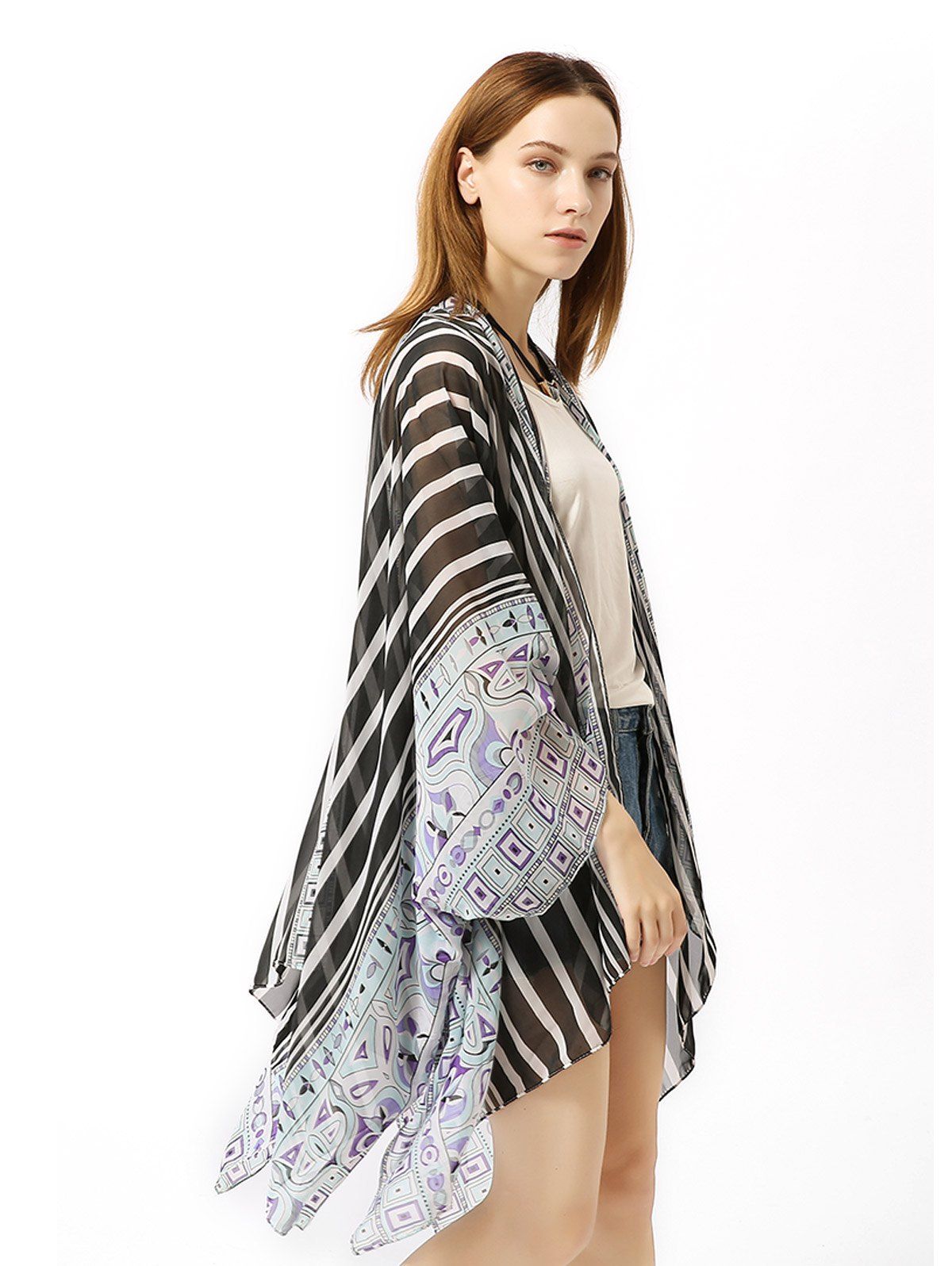 

Chiffon Striped Beach Sunscreen Cardigan Holiday Suit, Black
