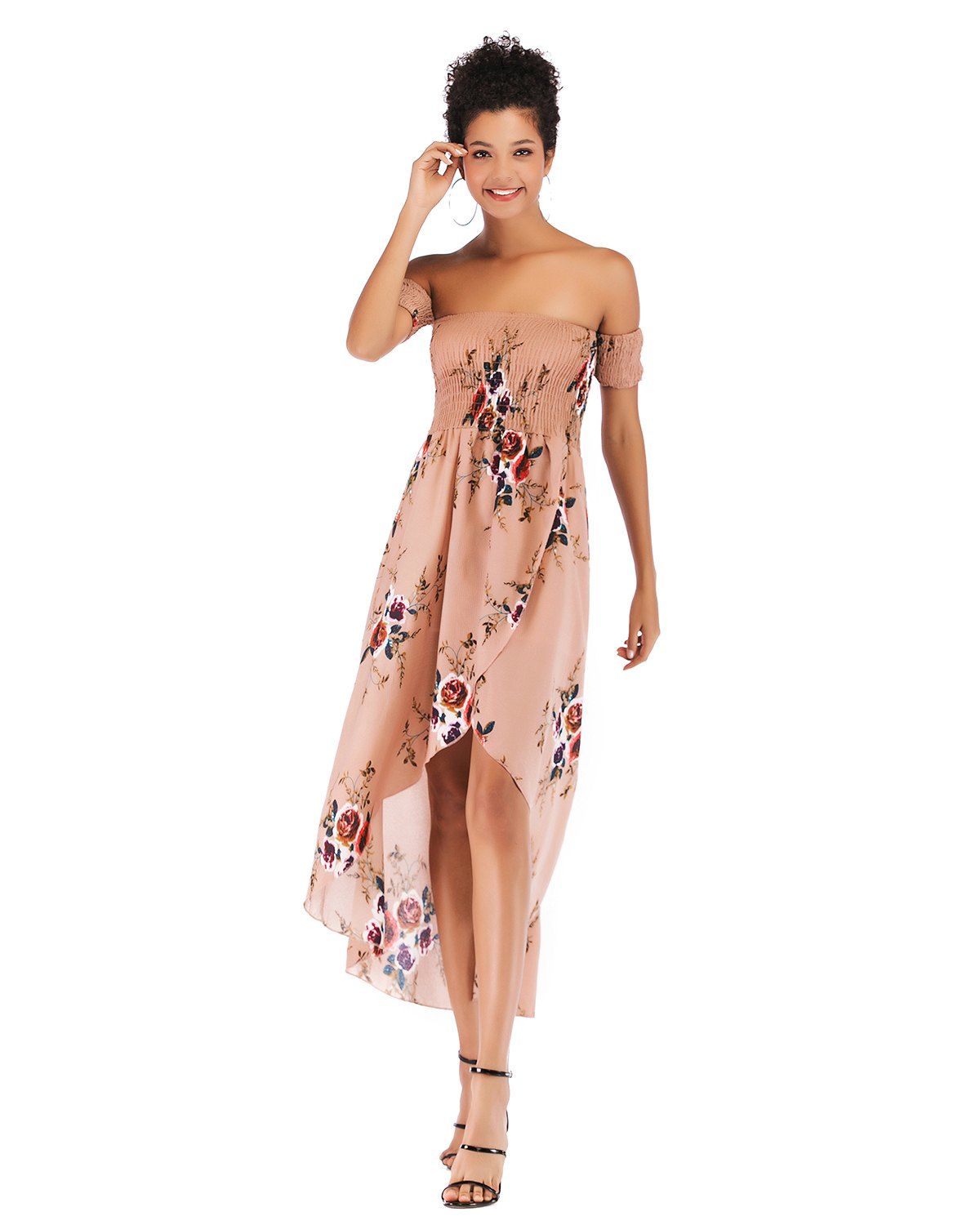 

Off Shoulder Sexy Chiffon Print Dress, Apricot